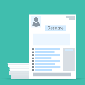 Illustration of a clean, professional resume stacked on a teal background, symbolizing online resume template
