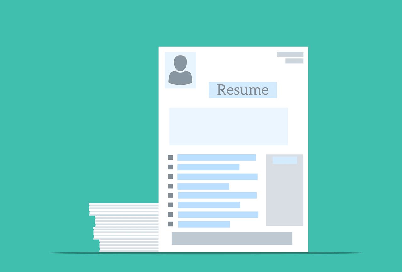 Illustration of a clean, professional resume stacked on a teal background, symbolizing online resume template