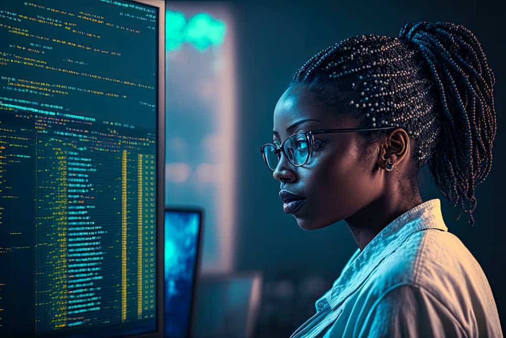 Female software engineer analyzing code on a large screen in a dimly lit office environment