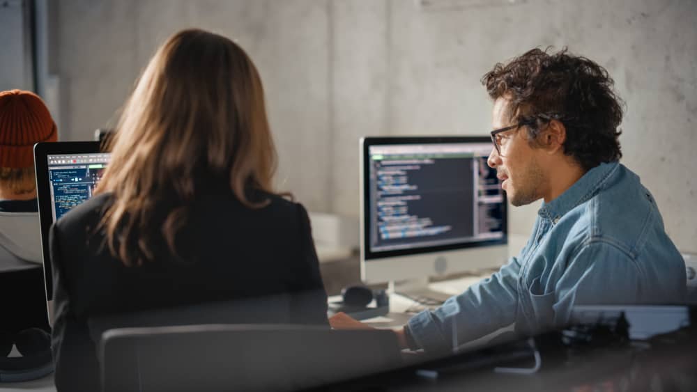 Two computer science professionals collaborating on code at their desks.